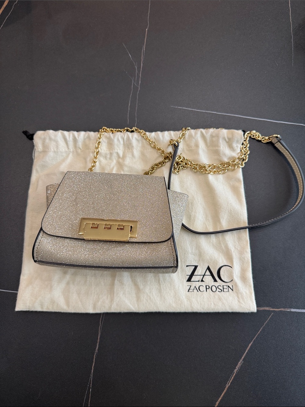 ZAC Zac Posen Champagne/Gold Glitter Crossbody Bag with Gold Chain